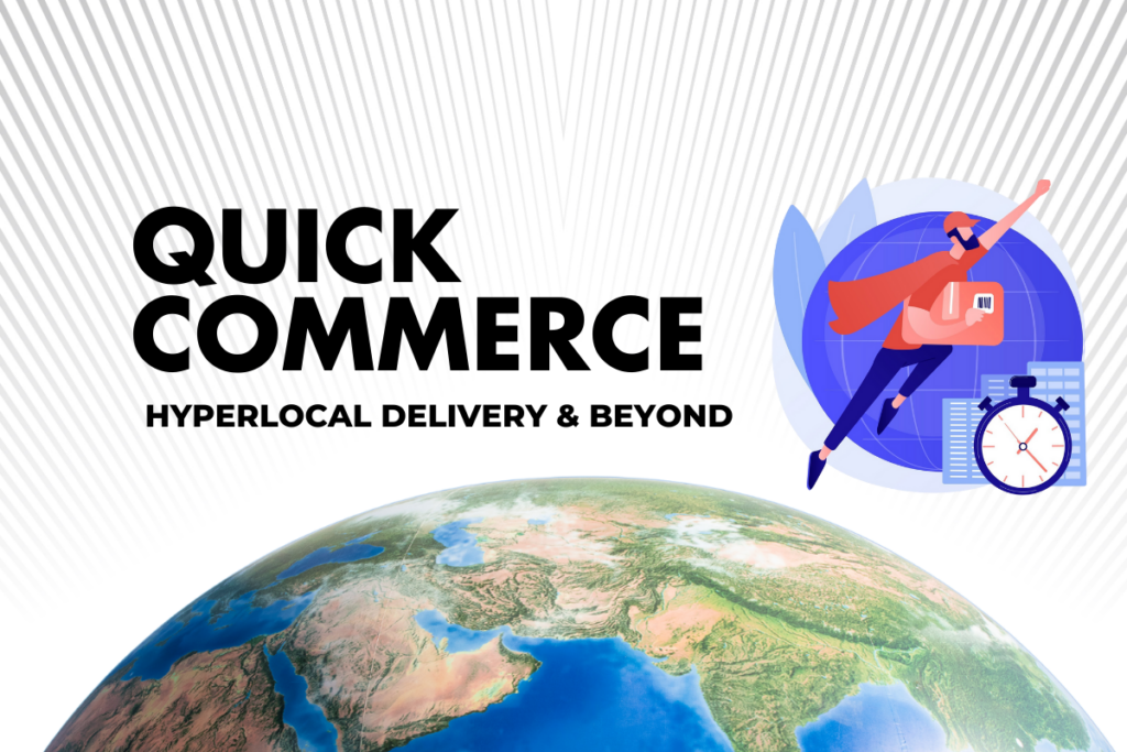 A dynamic representation of quick commerce highlighting hyperlocal delivery, innovative technologies like drones and AI, sustainability initiatives, and future opportunities such as cross-border commerce and smart home integration.