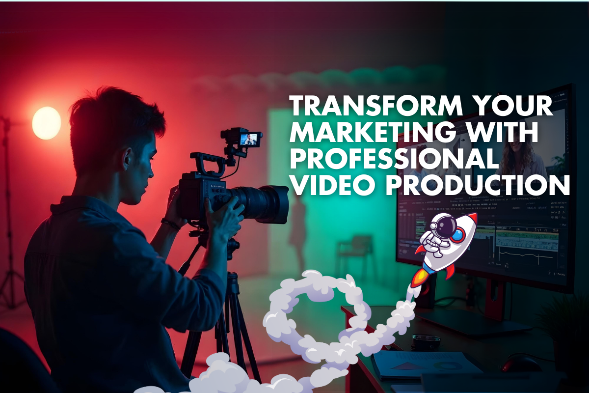 A videographer captures footage in a studio with vibrant red and green lighting, while a computer screen shows video editing software. Bold text reads, 'Transform Your Marketing with Professional Video Production,' alongside a cartoon rocket illustration.