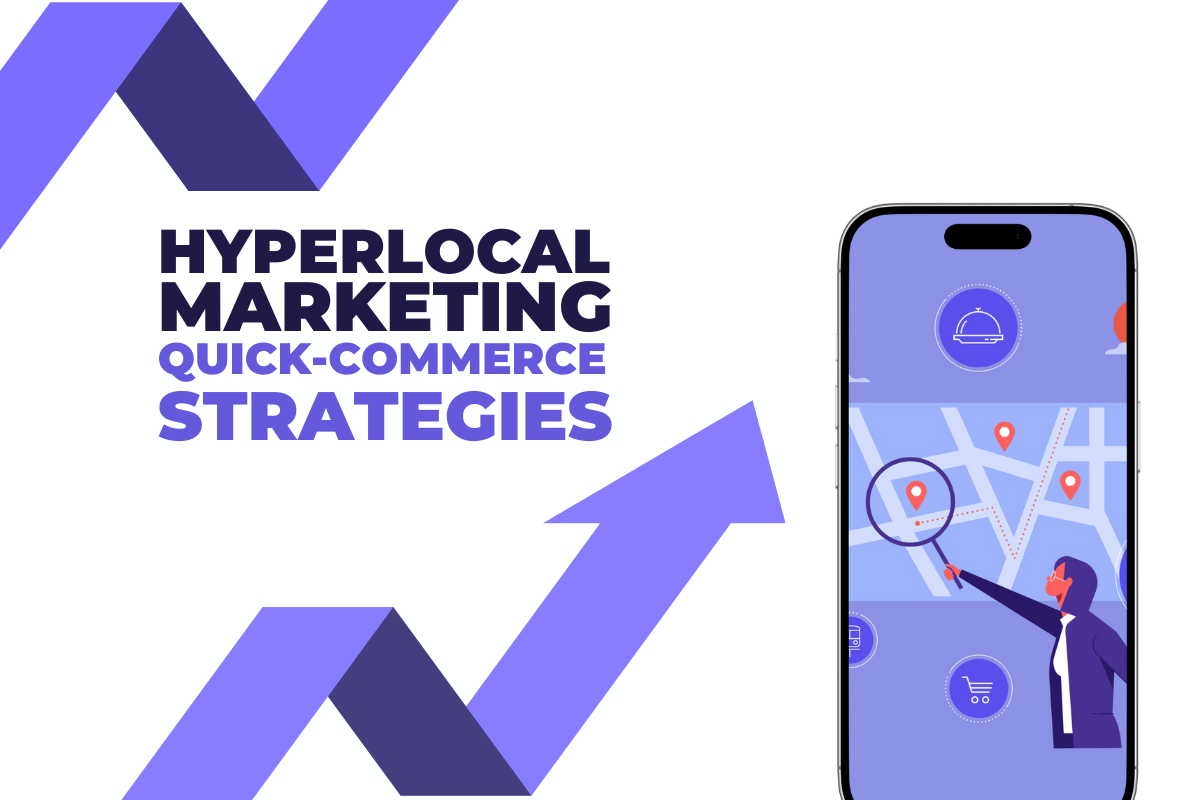 Hyperlocal marketing and quick-commerce strategies illustration, featuring a smartphone with a map, location pins, and an upward growth arrow.