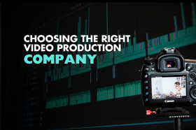 Illustration of video production company selection, featuring cameras, editing tools, and professionals working on a business video project.