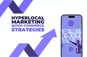 Hyperlocal marketing and quick-commerce strategies illustration, featuring a smartphone with a map, location pins, and an upward growth arrow.