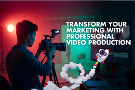 A videographer captures footage in a studio with vibrant red and green lighting, while a computer screen shows video editing software. Bold text reads, 'Transform Your Marketing with Professional Video Production,' alongside a cartoon rocket illustration.