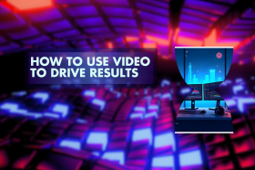 A futuristic digital banner with neon lights and bold text reading 'How to Use Video to Drive Results,' highlighting the impact of video marketing with a modern workspace and editing screens.